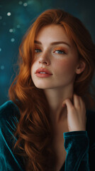 Redhead Woman with Elegant Expression in Velvet, Captured Under Starry Sky for Artistic Portrait Theme