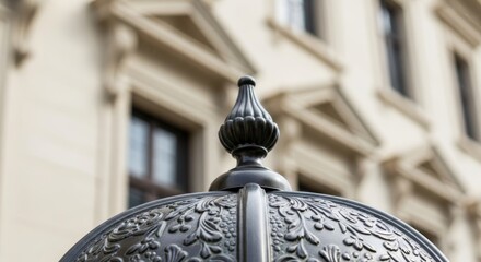 Close-up of ornate metal dome with architectural background