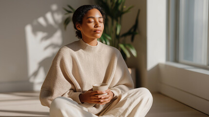 Person Practicing Mindfulness in Sunlit Room with Peaceful Expression, Cozy Casual Wear, Midjourney Theme