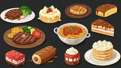 Assorted Gourmet Dishes Illustrations