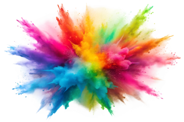Vibrant explosion of multicolored powder paint creating a dynamic burst on transparent background