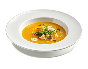 Creamy orange soup in a white bowl, garnished with croutons and herbs