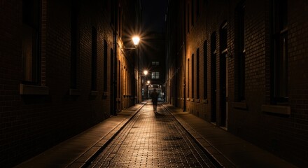 Nighttime urban alley with dim lights and wet cobblestone pathway
