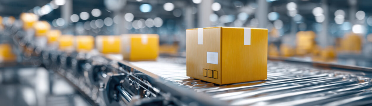 Food delivery online order concept with yellow parcel box on conveyor belt in warehouse for fast shipping service