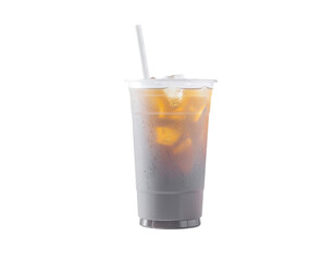 Iced coffee in a clear plastic cup with a straw and ice cubes