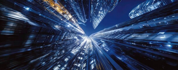 A mesmerizing perspective of towering skyscrapers at night, showcasing a dynamic and futuristic cityscape.