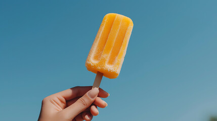 Popsicle - Hand Holding Refreshing Orange Popsicle Against Clear Blue Sky