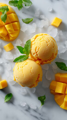 Mango Ice Cream Scoops with Fresh Mint on Marble Surface