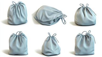 Light gray fabric drawstring bags in various positions