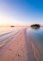 A serene, sandy pathway stretches between tranquil islands at sunrise, bathed in soft, pastel hues.