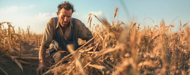 A farmer navigates the aftermath of a barren harvest, capturing the essence of perseverance and hope in the face of adversity amid dried cornfields.