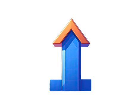 Upward-pointing, stylized, blue and orange, geometric arrow