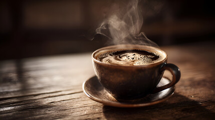 Fototapeta premium Steaming cup of black coffee sitting on rustic wooden table