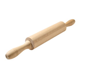 Light-colored wooden rolling pin, angled view
