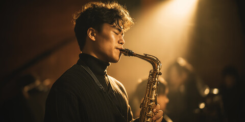 Jazz Night Saxophonist in Focus, Immersed in Music, Golden Light, Intimate Ambiance
