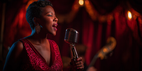 Jazz Night Performance Soulful Singer in Red Dress Captivates Audience on Stage