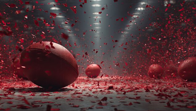 Red confetti raining down on rugby balls