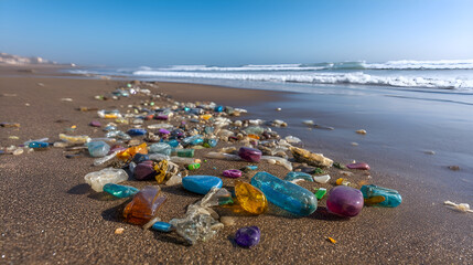 Colorful sea glass pieces washed ashore on sandy beach