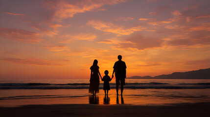 Family silhouette holding hands at sunset on beach