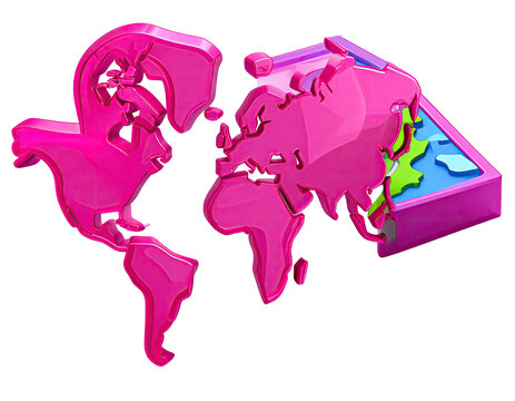 A vibrant, 3D pink world map, partially enclosed by a light-blue box