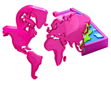 A vibrant, 3D pink world map, partially enclosed by a light-blue box