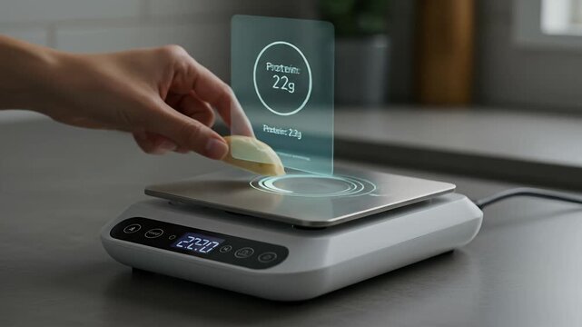 Smart kitchen scale with AR nutritional data hologram