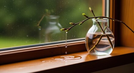 Raindrops on window sill with budding branch in glass jar