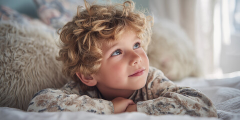 Lazy Days Dreamy Child with Curly Hair Relaxing on Soft Bed in Cozy Sunlit Room