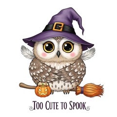 Naklejka premium Adorable Cartoon Owl in Witch Hat, Halloween Costume, Holding Jack-o'-lantern, Sweet and Playful Illustration.