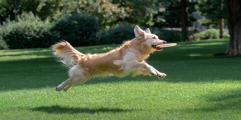 Pet Antics Joyful Golden Retriever Leaping to Catch Frisbee in Sunlit Park Setting