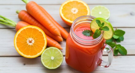 Fresh carrot and citrus juice in glass mug with mint and lime garnish on wooden table