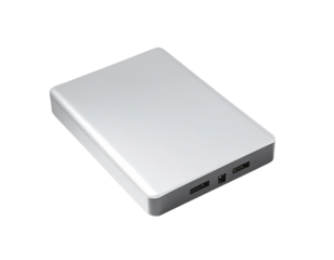 A light gray, rectangular power bank