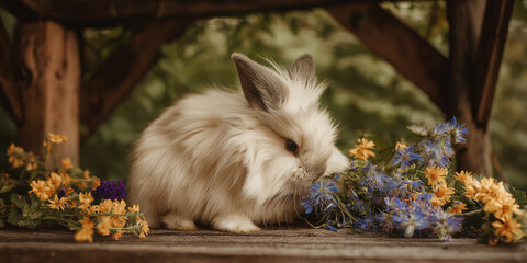 Fluffy Bunny Enjoying Vibrant Wildflowers Under Rustic Wooden Table - Pet Antics Theme
