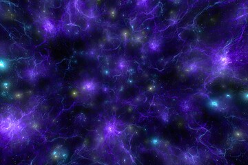 Abstract cosmic nebula with vibrant purple and teal streaks, dotted with glowing specks