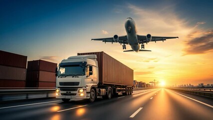 A cargo truck drives on a highway towards the sunset with a cargo plane flying overhead, symbolizing global logistics and transportation - Powered by Adobe