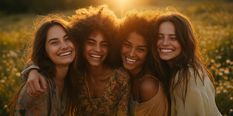 Fototapeta premium Friendship Goals Four Women Embracing with Joyful Smiles in Sunlit Field Celebrating Togetherness