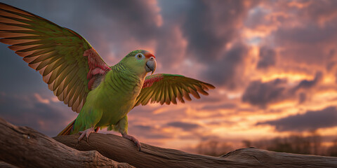 Pet Antics Vibrant Parrot Spreading Wings at Sunset on a Tree Branch for Colorful Wildlife Display