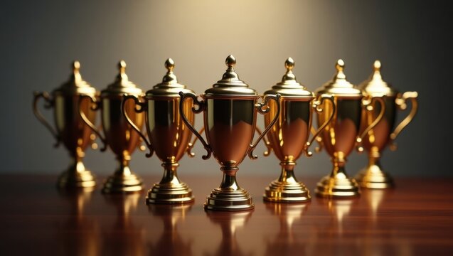 Trofeos de metal dorado, elaborados intrincadamente en forma de copa con asas ornamentadas dispuestas en una fila precisa
