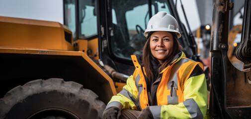 A proud female construction worker stands in front of a bulldozer, her smile suggesting satisfaction with her work. 