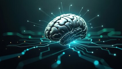 Cerebro robótico brillante rodeado de circuitos de neón, que simboliza la inteligencia artificial, el aprendizaje profundo y la innovación