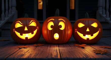 Obraz premium Three glowing carved pumpkins with expressive faces sit on a porch at night