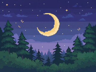 Pixel art illustration of a crescent moon shining over a forest at night