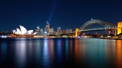 Obraz premium Vista panorámica de Sídney por la noche con la Ópera y el Puente del Puerto iluminados contra los brillantes reflejos del agua