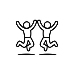 Black line art icon of two people jumping with joy on a white background celebration