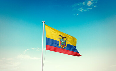 Ecuador national flag waving in beautiful sky with mast. A proud moment flag waving with sunlight.