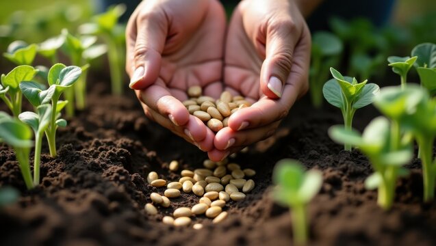 Manos esparciendo semillas org&aacute;nicas de diferentes formas y tama&ntilde;os en un lecho de jard&iacute;n reci&eacute;n labrado