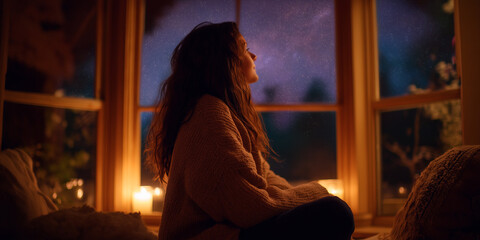 Coffee Journeys Woman Relaxing by Candlelight, Contemplating Night Sky from Cozy Window Nook