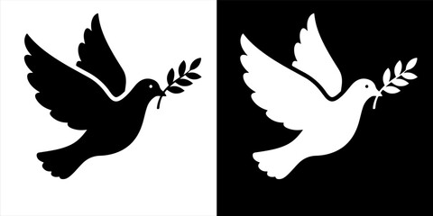Minimalist vector of a flying dove carrying an olive branch. Universal symbol of peace, hope, harmony, and freedom.