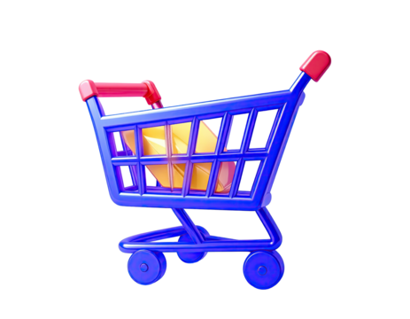 A vibrant, 3D shopping cart graphic.  A gold-toned object is nestled within the blue cart's wire mesh.  Bold colors and outlined edges create a playful, digital aesthetic