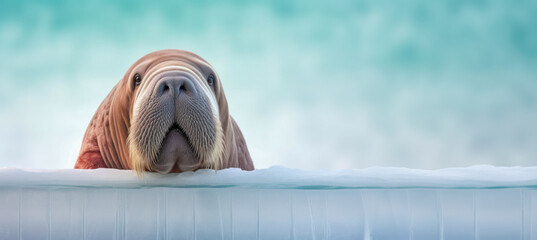 A majestic walrus peers curiously from an icy ledge against a turquoise seascape, embodying the serene beauty of Arctic wildlife